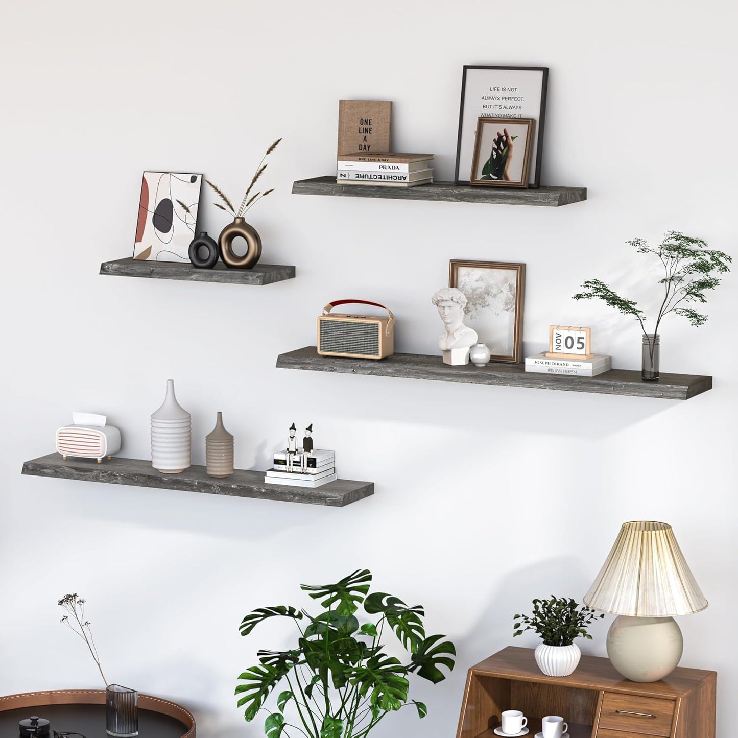 Floating Shelves for Wall, 24"x9.3" Rustic Solid Live-Edge Elm Wood Wall Shelves, Heavy-Duty Floating Shelves with Invisible Brackets, Set of 2 for Living Room, Bedroom, and Kitchen, Grey Finish