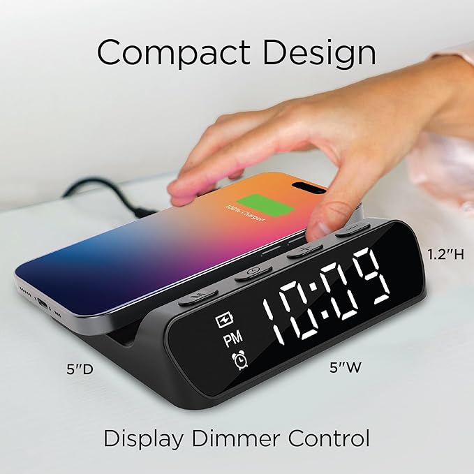iHome Wireless Charger with Alarm Clock, Compact Digital Alarm Clock - Image 5