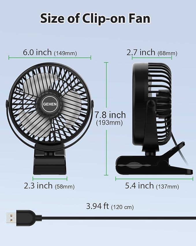 GEHEN Clip-On Fan with Sturdy Clamp, USB-Powered Fan 3-Speed, Ultra-Quiet - Image 2