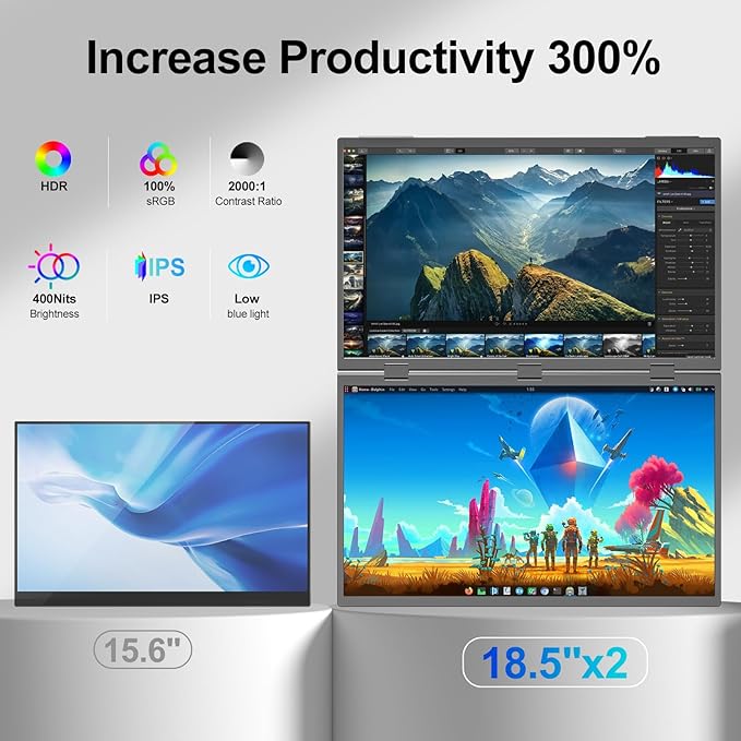Dual Portable Monitor, 18.5" 1080P FHD IPS Folding Stacked Triple Laptop Screen - Image 2