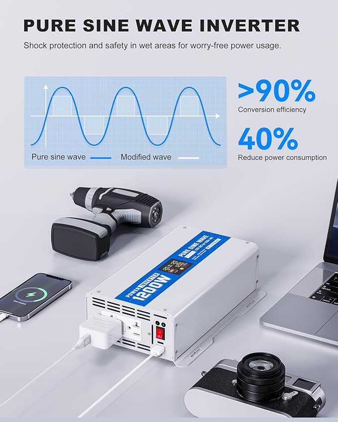 1200W Pure Sine Wave Power Inverter 12V DC to 120V AC Converter 2400 Watt Peak - Image 5