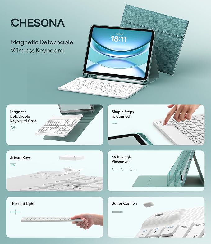 CHESONA Keyboard Case for iPad 11th/10th Generation, Detachable Wireless - Image 3