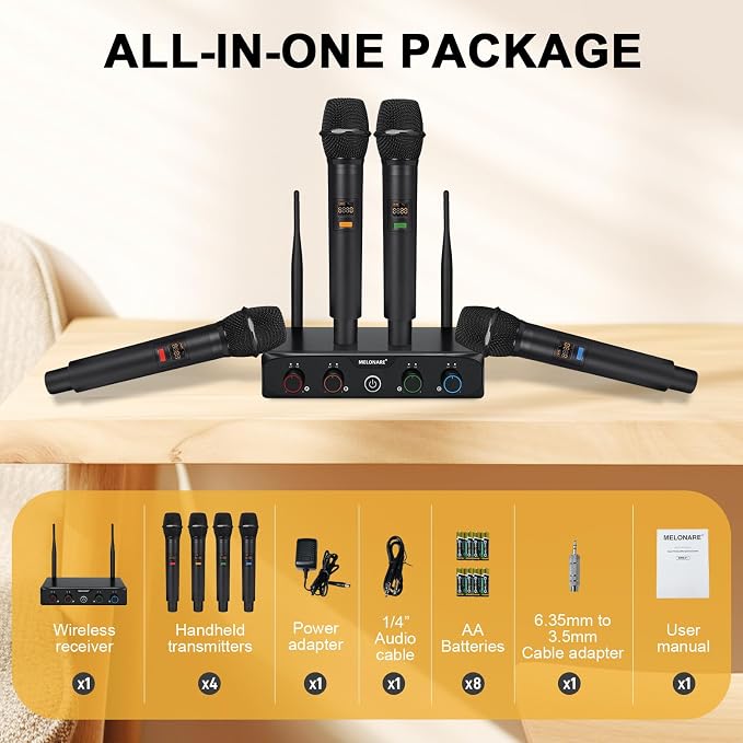 4-Channel Wireless Microphone System, UHF Compact Cordless Mic Set w/ 4x10 - Image 5