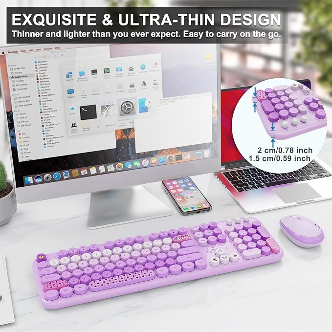 Wireless Keyboard and Mouse Set, 104 Round Keys Full-Size Cute Colorful - Image 5