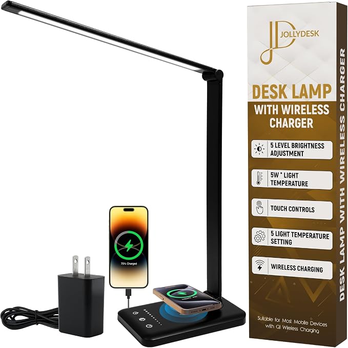 LED Desk Lamp with Wireless Charger – Touch Control Dorm Desk Lamp with USB by JollyDesk