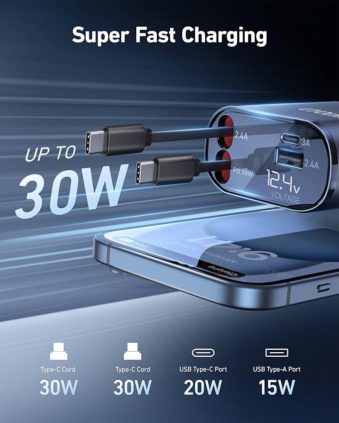 Retractable 4 in 1 Fast Car Charger - 30W Dual USB Type C - Image 3