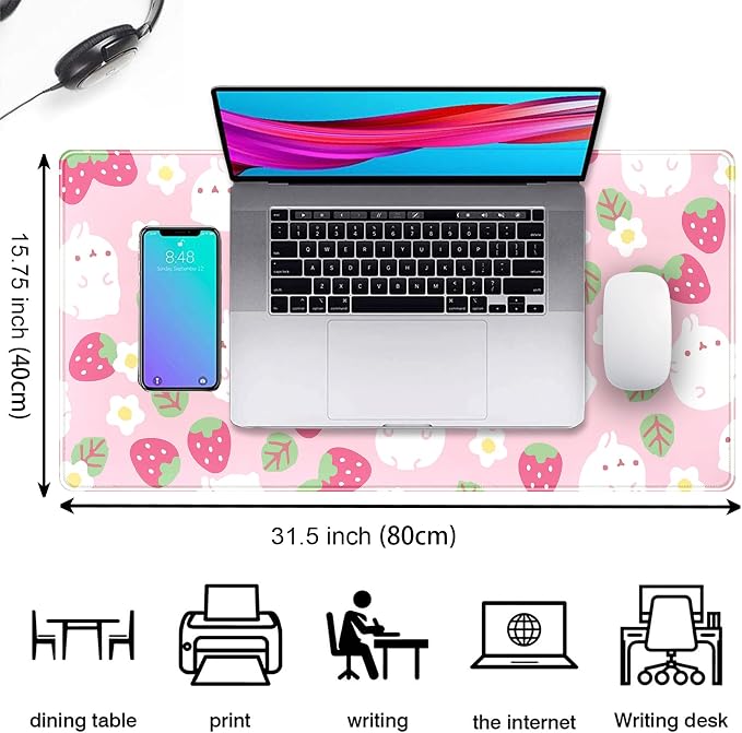 Pink Kawaii Desk Mat, Strawberry Field Desk Pad Large, Extended Mouse Pad Cute - Image 2