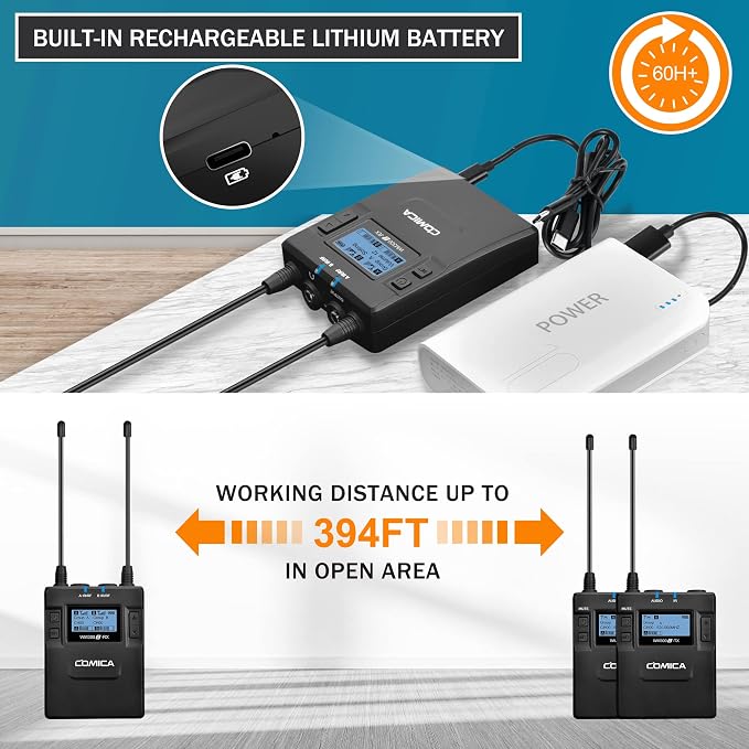 Dual Wireless Lavalier Microphone System, Comica CVM-WM300A UHF 96 Channel - Image 4