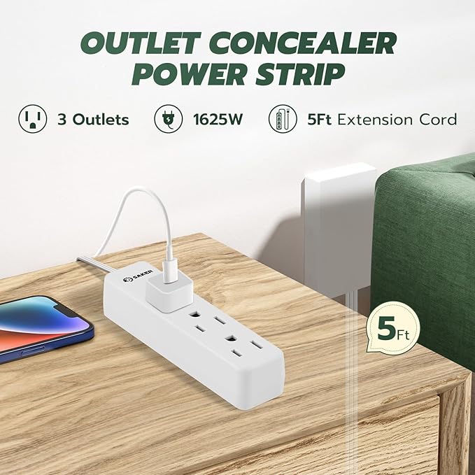 Saker Outlet Concealer Power Strip | 5ft Flat Plug Extension Cord - Image 3