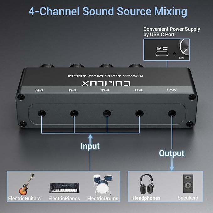 Cubilux 4-Channel 3.5mm Audio Mixer, Ultra-Low-Noise Mini Audio Mixer - Image 3