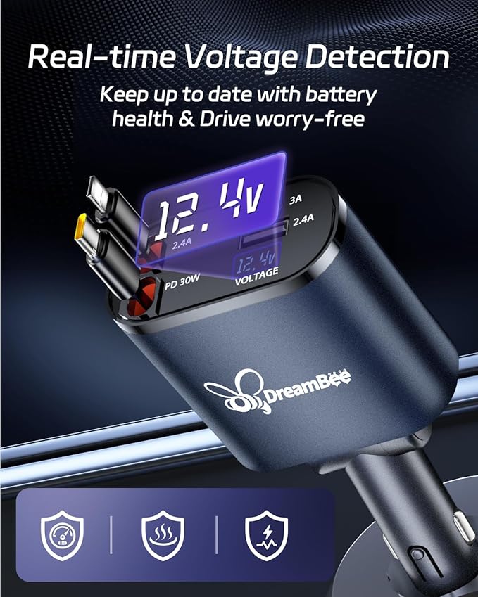 DreamBee Retractable Car Charger, 66W 4 in 1 Super Fast Charge Car Phone Charger - Image 2