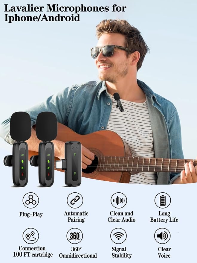 Wireless Lavalier Microphone for iPhone Android Plug-Play, 2 Pack Mini - Image 2