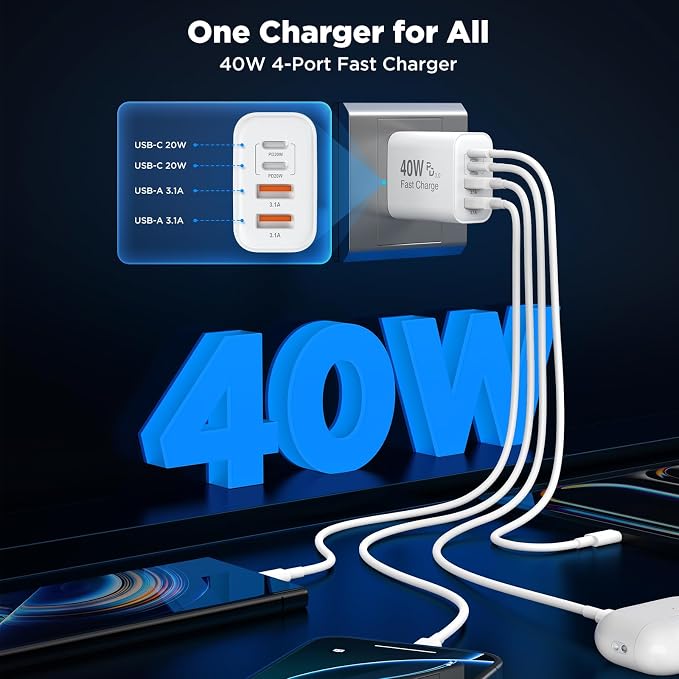 iPhone 16 Charger Block 4-Port, 40W USB C PD Power Adapter Fast Charging+ QC - Image 2