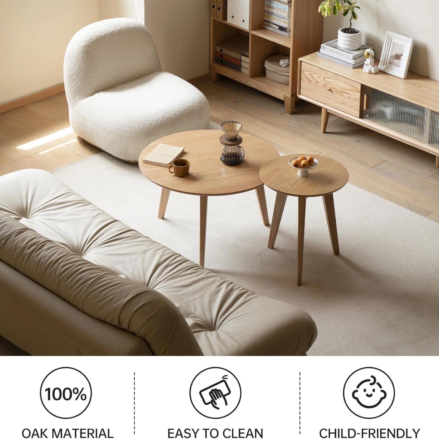 100% Solid Oak Wood Coffee Table Set, Round Coffee Table Combo Side Table w/Solid Wood Legs, Mid Century Table Sturdy Tables for Bedroom Balcony Living Room (Natural, 3 Pieces)