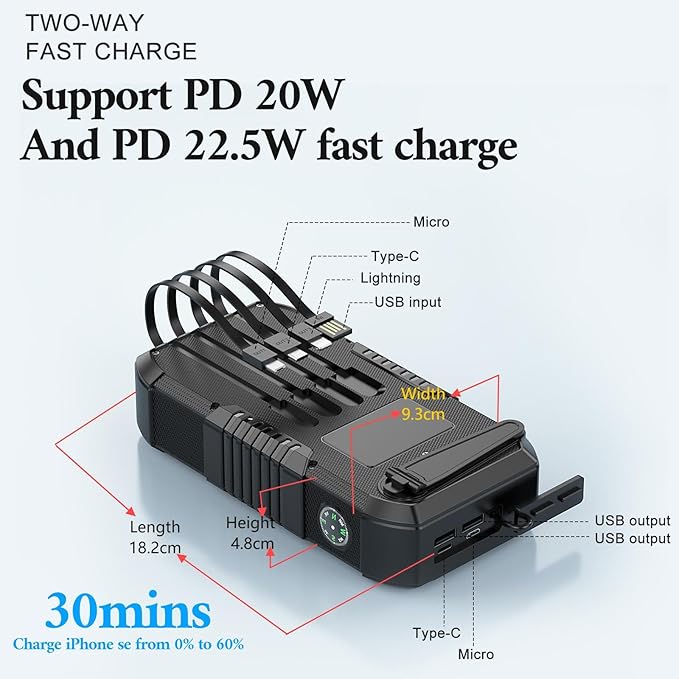 Solar Power Bank 66800mAh Built in Hand Crank and 4 Cables 22.5W Fast Charge - Image 5