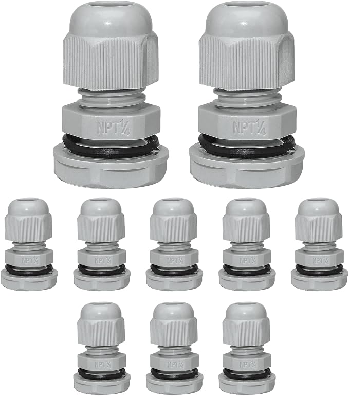10 Pcs 1/4" NPT Nylon Cable Glands, IP68 Waterproof Adjustable Cord Grip Cable by Bonsicoky