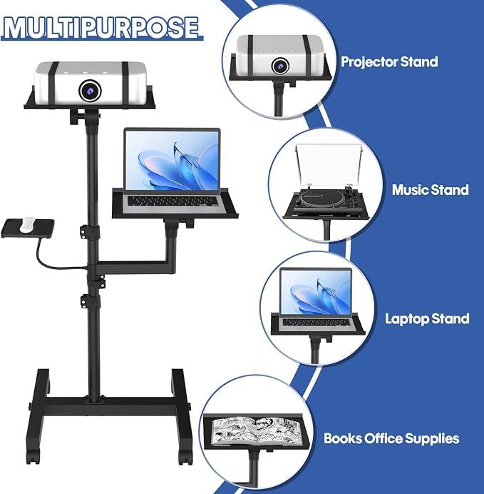 2 Shelves Mobile Projector Stand, Rolling Laptop Stand Adjustable Height to 47 - Image 4