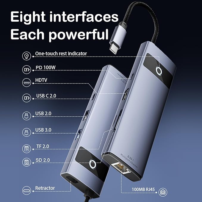 KAGO USB C to Ethernet HDMI Adapter, 8 in 1 Docking Station Hub, USB-A 2.0/3.0 - Image 8