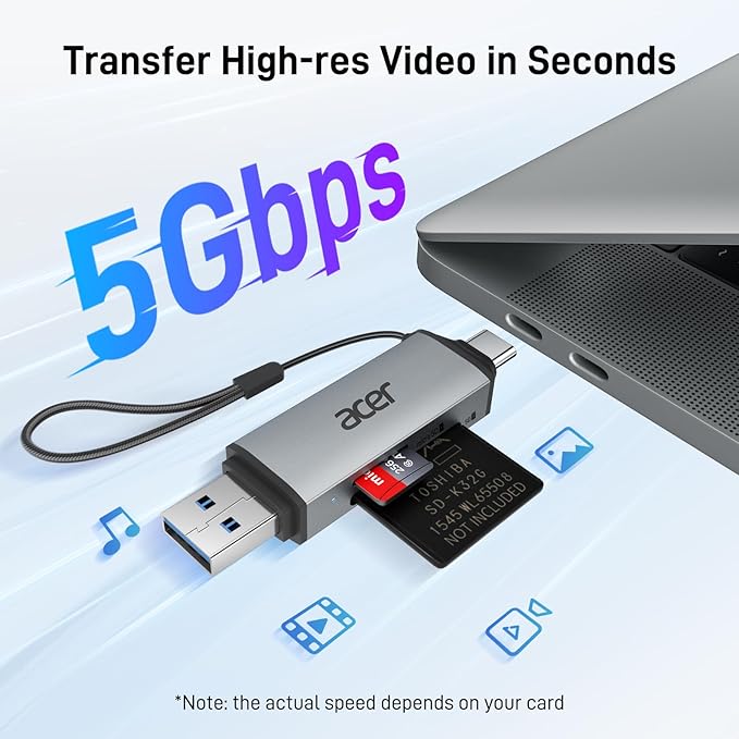 acer SD Card Reader USB C, Dual Slots USB 3.0 Type C to Micro SD Card Adapter - Image 2