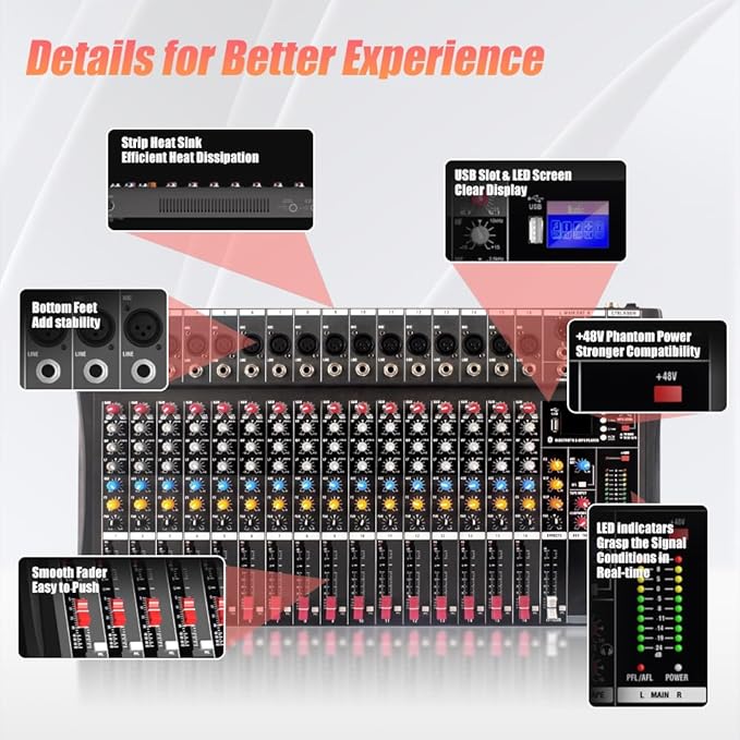 GX16 Professional 16 Channel Bluetooth Audio Mixing Console - Image 7