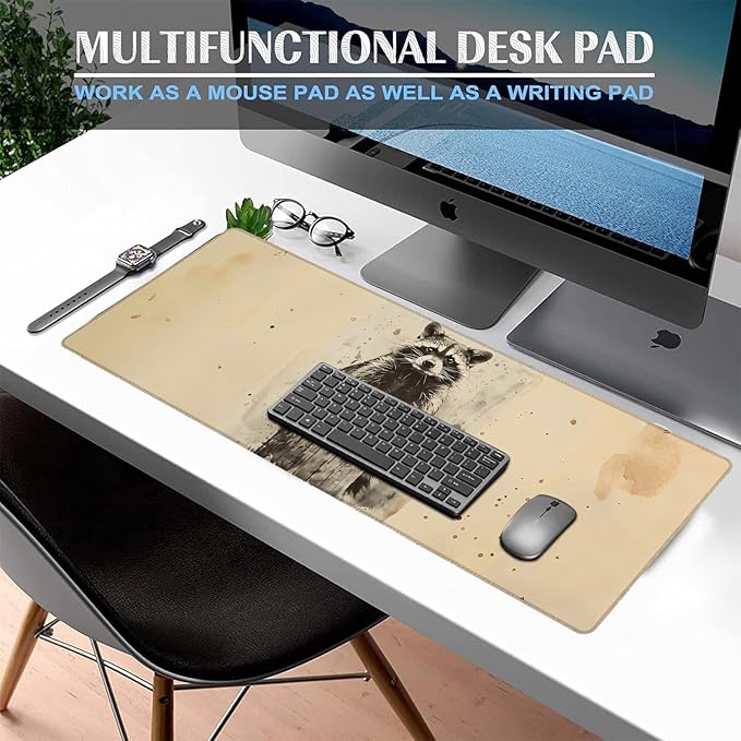 Vintage Raccoon Gaming Mouse Pad, Large Office Desk Mat, Anti-Slip Rubber Base - Image 2