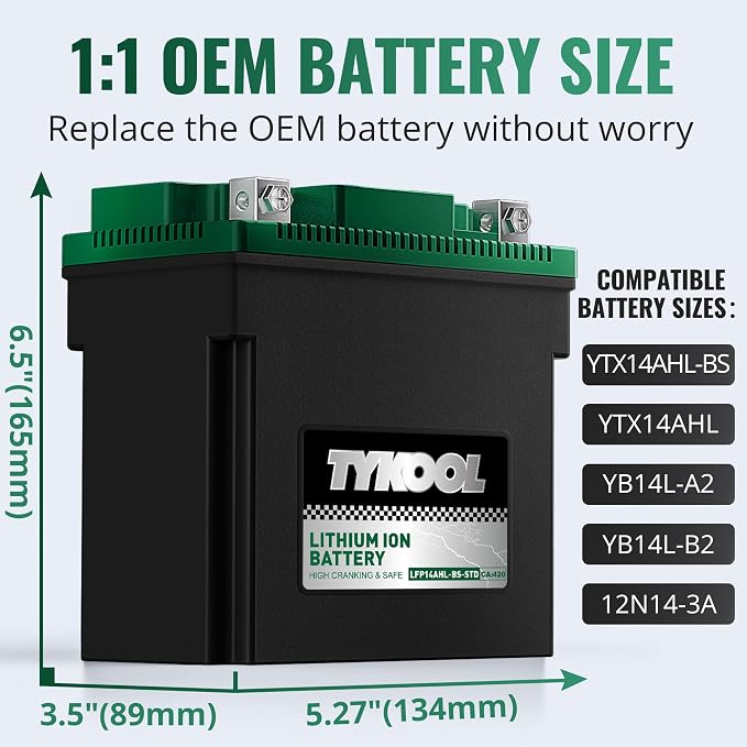 TYKOOL YTX14AHL-BS-STD LiFePO4 Lithium Motorcycle Battery, 12.8V 7Ah, Digital - Image 2