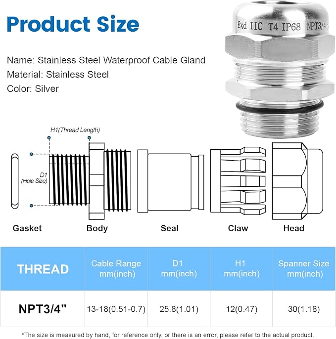 2 Pcs 3/4" NPT Stainless Steel Waterproof Cable Gland, IP68 Waterproof - Image 2