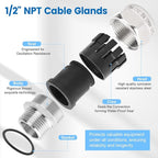 2 Pcs 1/2" NPT Stainless Steel Waterproof Cable Gland, IP68 Waterproof - Image 3