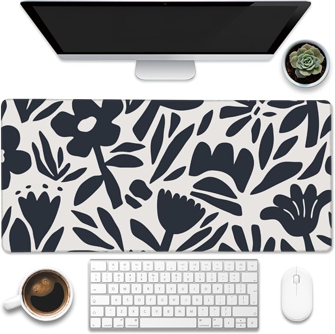 Desk Pad, Hand Drawn Leaves and Flowers Desk Mat, Abstract Plant Large Gaming by Eflxamz
