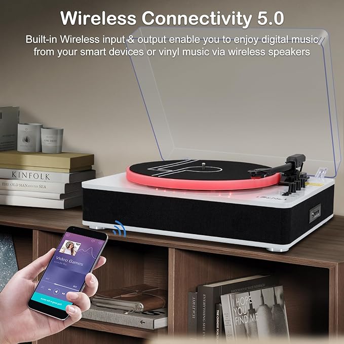 LP&No.1 Record Player with Built-in Stereo Speakers, LED Control, 3-Speed - Image 4