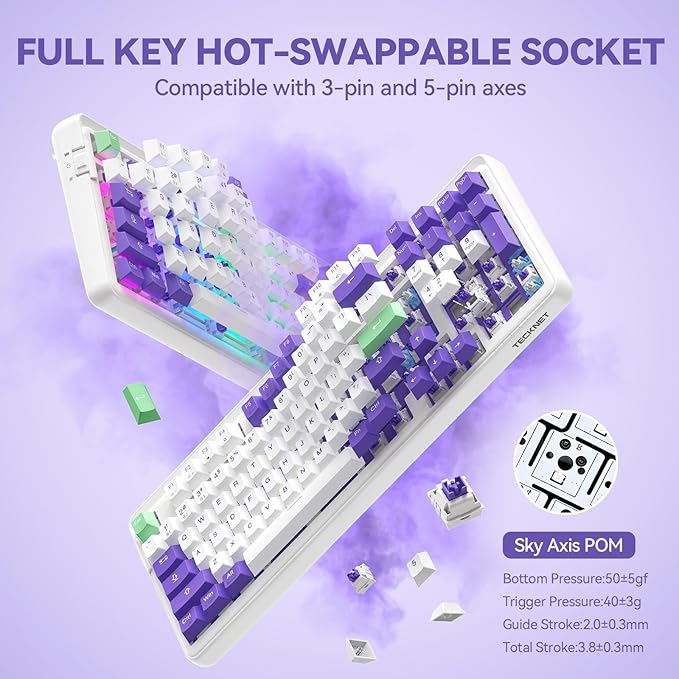 TECKNET Mechanical Keyboard, Tri-Mode BT5.0/2.4GHz/USB-C Hot Swappable Creamy - Image 4