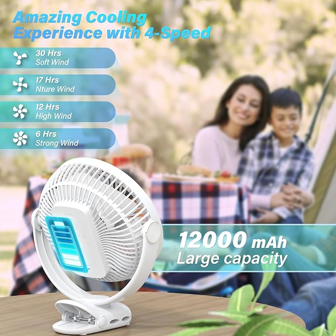 12000mAh Clip on Fan 30H Longest Runtime, 8in Portable Fan Rechargeable - Image 4