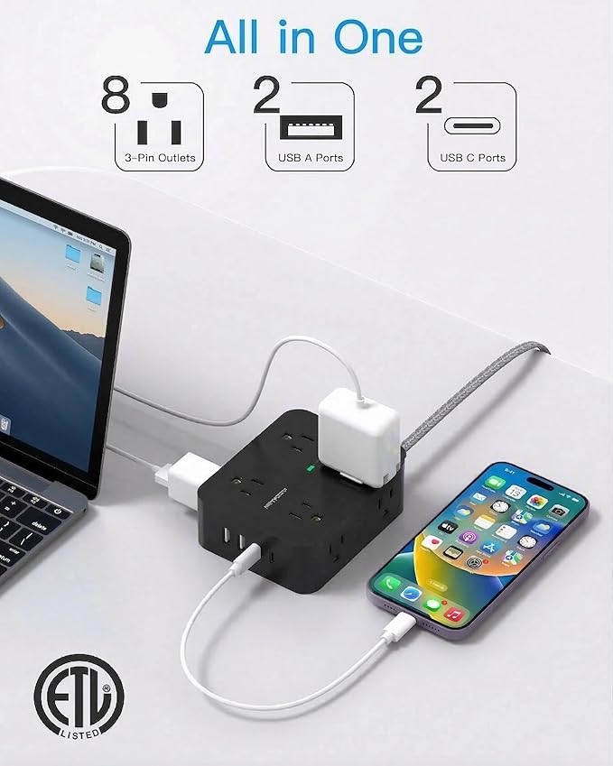 Surge Protector Power Strip 15 Ft Long Cord, HANYCONY Extension Cord 15 Feet - Image 2