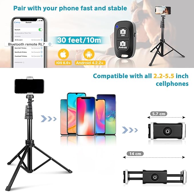 Aureday 67" Phone Tripod, Extendable Cell Phone and Camera Tripod Stand - Image 4
