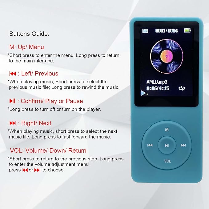 MP3 Player 32GB with Speaker Earphone Portable Mini Light Blue Music Player - Image 2