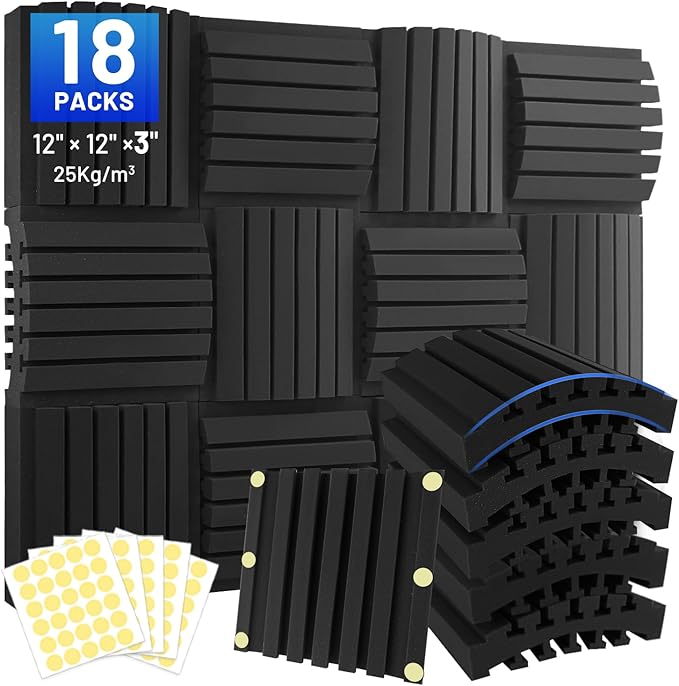 Focusound 18 Pack Curved Acoustic Foam Panels 3" x 12" x 12" Sound Proof Foam by Focusound