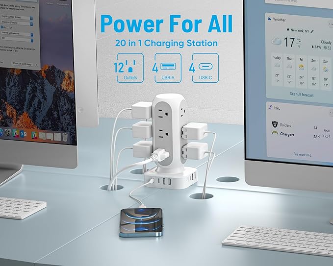 TenTrend 65W Fast Charging Station, Flat Plug Power Strip Tower - Image 3