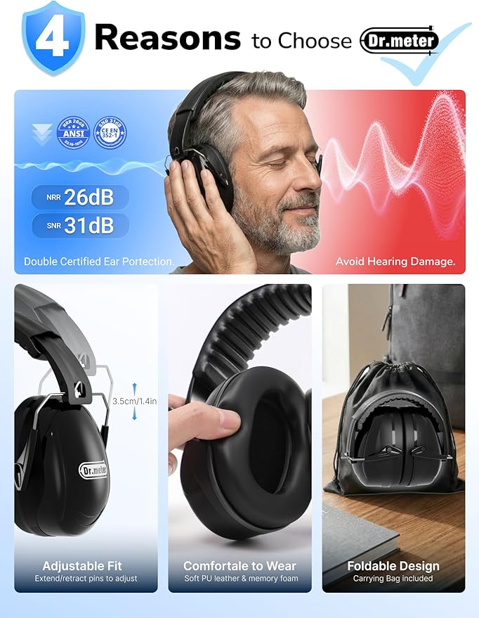 Dr.meter Hearing Protection Ear Muffs, SNR31dB Noise Cancelling Headphones - Image 5