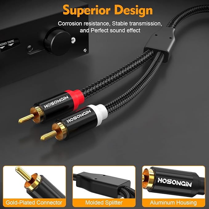 HOSONGIN RCA Cables 25ft 2 Pack, 2-Male to 2-Male RCA Audio Stereo Subwoofer - Image 5