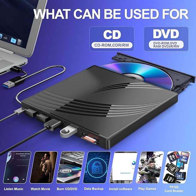 External CD/DVD Drive for Laptop, Ultra Slim CD Burner USB 3.0 Hub - Image 3