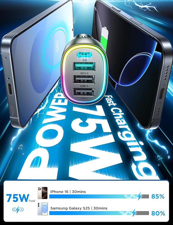 USB C Car Charger Cigarette Lighter Adapter 75W 4-Port Fast Car Charger Fast - Image 2