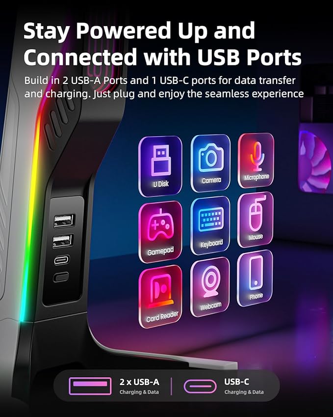 RGB Gaming Headset Stand with 2 USB and 1 Type-C Ports, Game Headphone Mount - Image 4