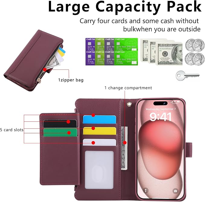 Compatible with iPhone 14 Pro Max Wallet Phone Case-PU Leather Magnetic Flip - Image 9