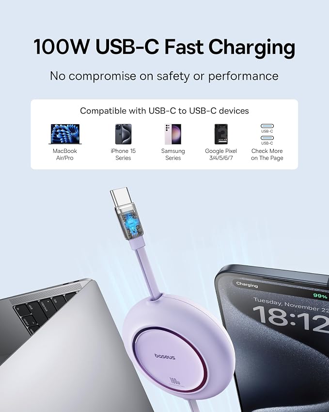 Baseus USB C to USB C Cable, 100W 6.6ft Retractable USB C Fast Charging Cable - Image 2