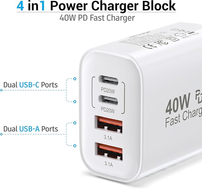 TT&C USB C Block 40W, 4 Ports Wall Plug Fast Charging Block, PD+QC Multiport - Image 4
