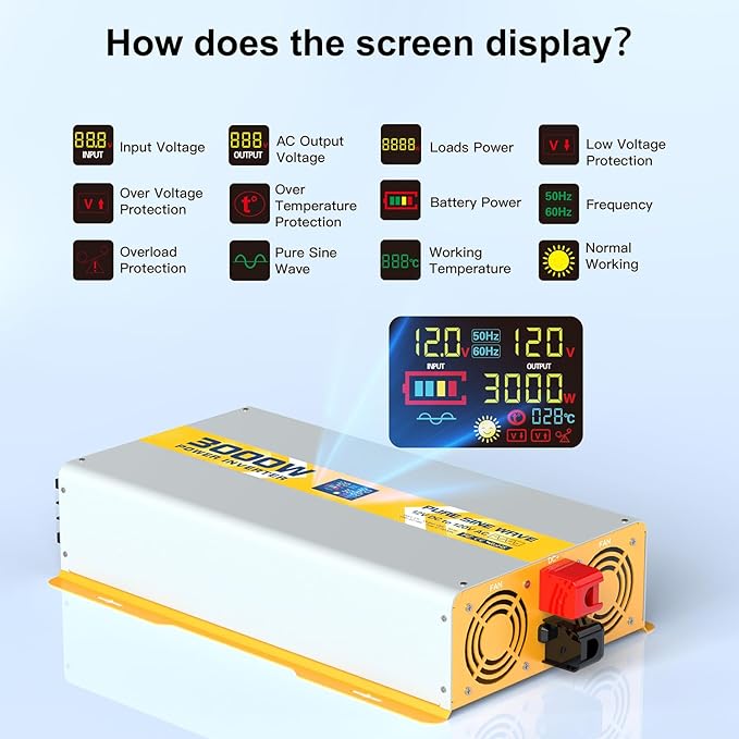 XWJNE 3000W Pure Sine Wave Power Inverter 12V DC to 120V GFCI AC Converter - Image 9