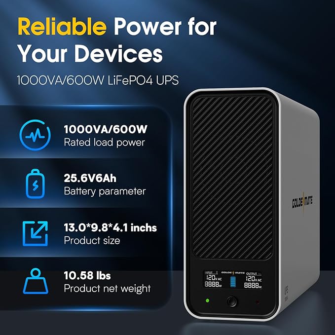 GOLDENMATE 1000VA/600W Lithium UPS Battery Backup and Surge Protector, Sinewave - Image 3