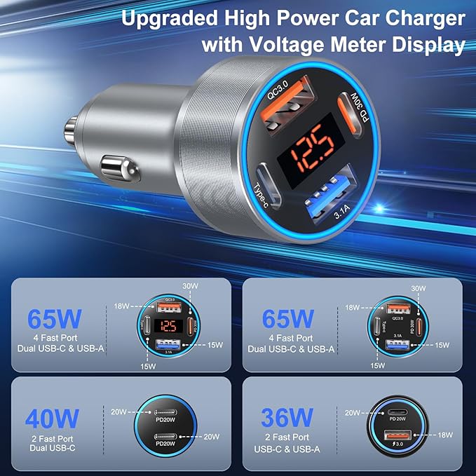 Car Charger USB C, 65W Dual 12V Cigarette Lighter USB Car Adapter - Image 3