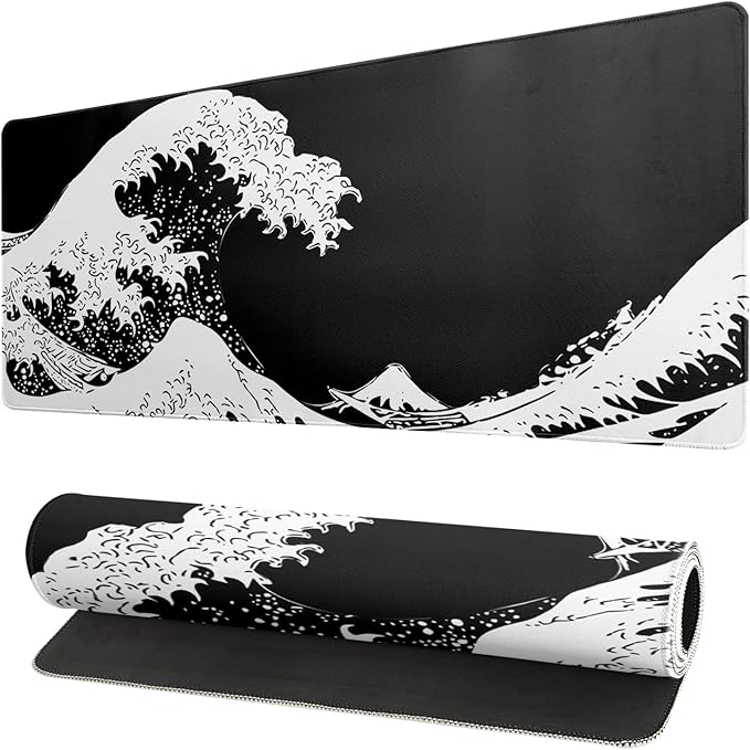 Japanese Sea Wave Large Mouse Pad, Abstract Black Gaming Mousepad, Extended by Siski