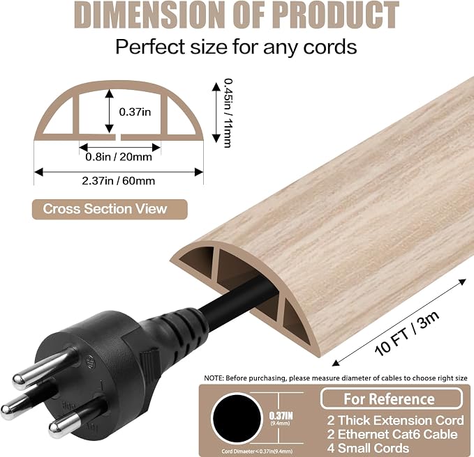 Floor Cord Cover Cavity 0.8"x0.37" Self Adhesive Cord Hider, 10FT Low Profile - Image 2